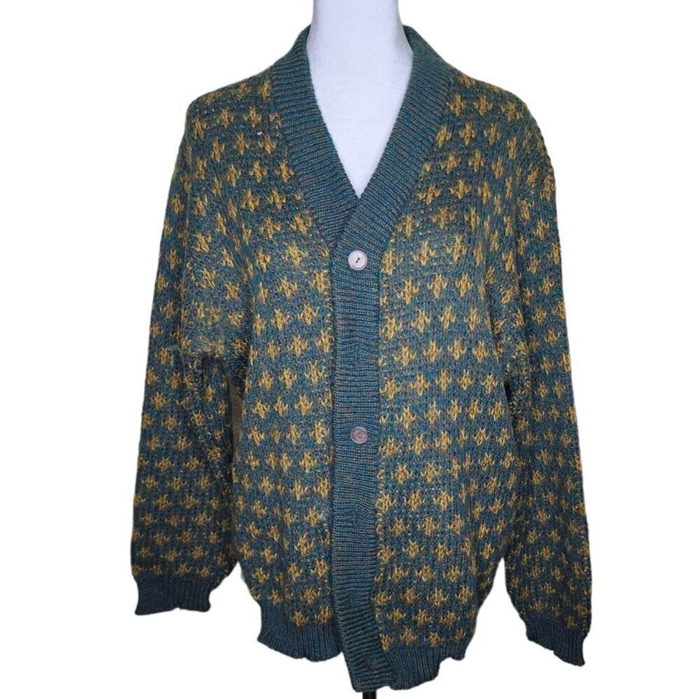 Vintage 60s Wool Cardigan Sweater Women's Size L Green Gold Chunky Knit Fleur De